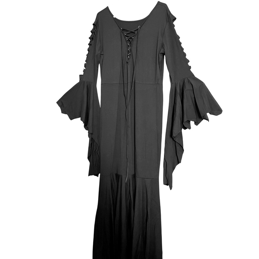 WhimsyGothic Black Lace Up Maxi Dress Bell Sleeve Lattice Cut Out Flare Witchy